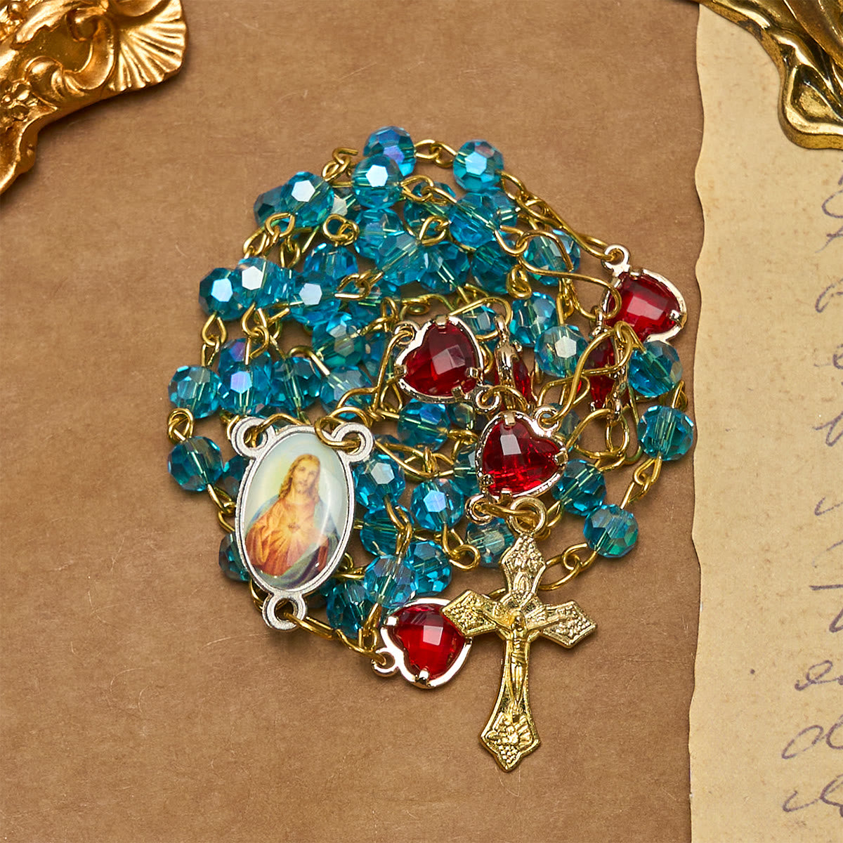 Sacred Heart of Jesus & Crucifix of 6 mm Polyhedron Blue Glass Alloy Chain Rosary