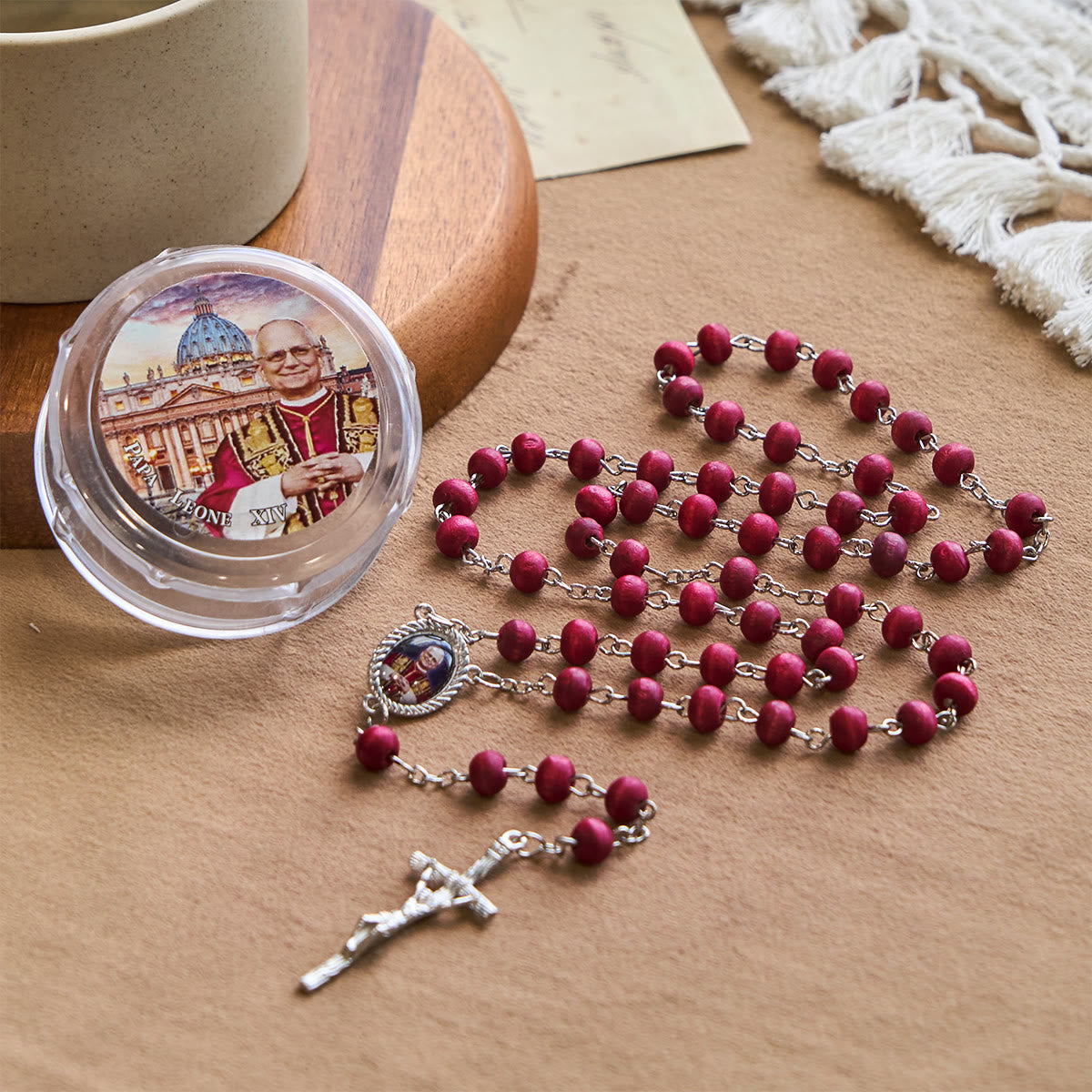 Pope Leo XIV Red Wood Beads Rosary Commemorating: A Spiritual Treasure