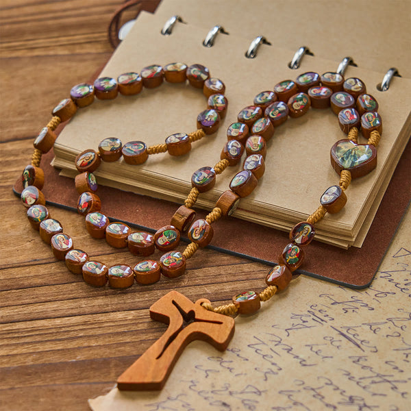 Wooden Saint Medal Beads with Franciscan Tau Cross Rosary: A Timeless Heirloom