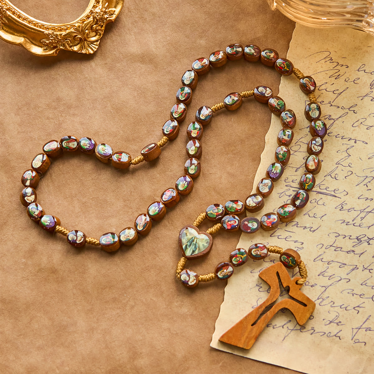Wooden Saint Medal Beads with Franciscan Tau Cross Rosary: A Timeless Heirloom