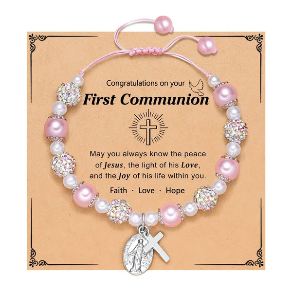 PRAYERFUL FAITH: First Communion Gift Bracelet with Cross and Blessing Card
