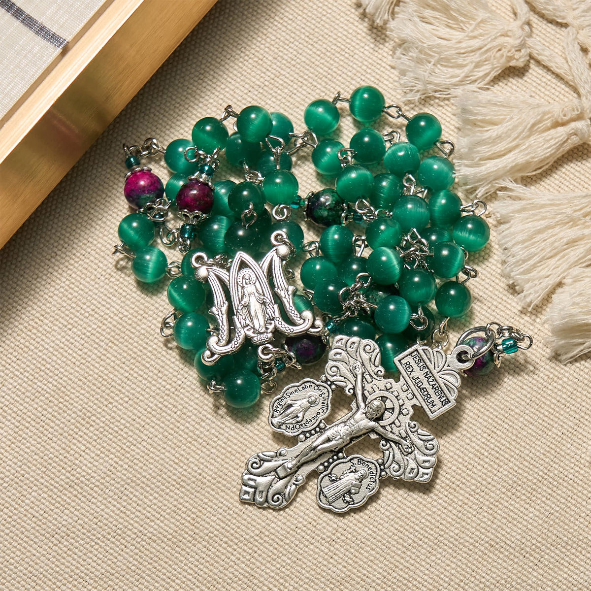 Natural Peacock Green Cat Eye Bead with Miraculous Medal & Crucifix Rosary