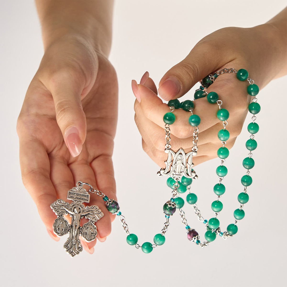 Natural Peacock Green Cat Eye Bead with Miraculous Medal & Crucifix Rosary