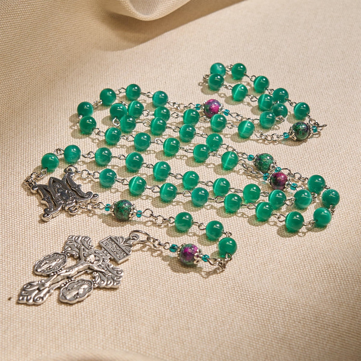 Natural Peacock Green Cat Eye Bead with Miraculous Medal & Crucifix Rosary