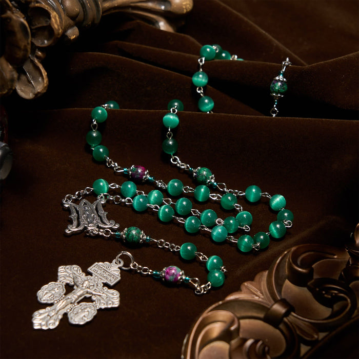 Natural Peacock Green Cat Eye Bead with Miraculous Medal & Crucifix Rosary
