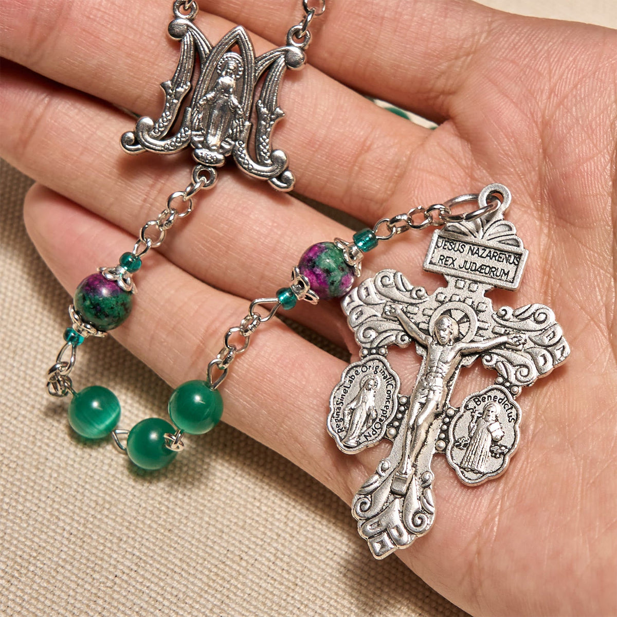 Natural Peacock Green Cat Eye Bead with Miraculous Medal & Crucifix Rosary