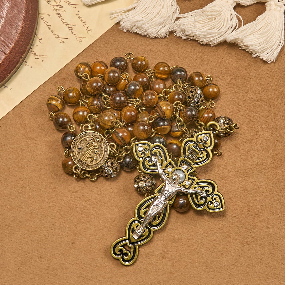 Natural Tiger Eye Beads and Bronze St. Benedict Medal & Crucifix Rosary