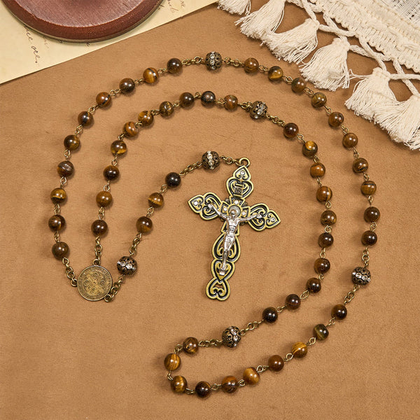 Natural Tiger Eye Beads and Bronze St. Benedict Medal & Crucifix Rosary