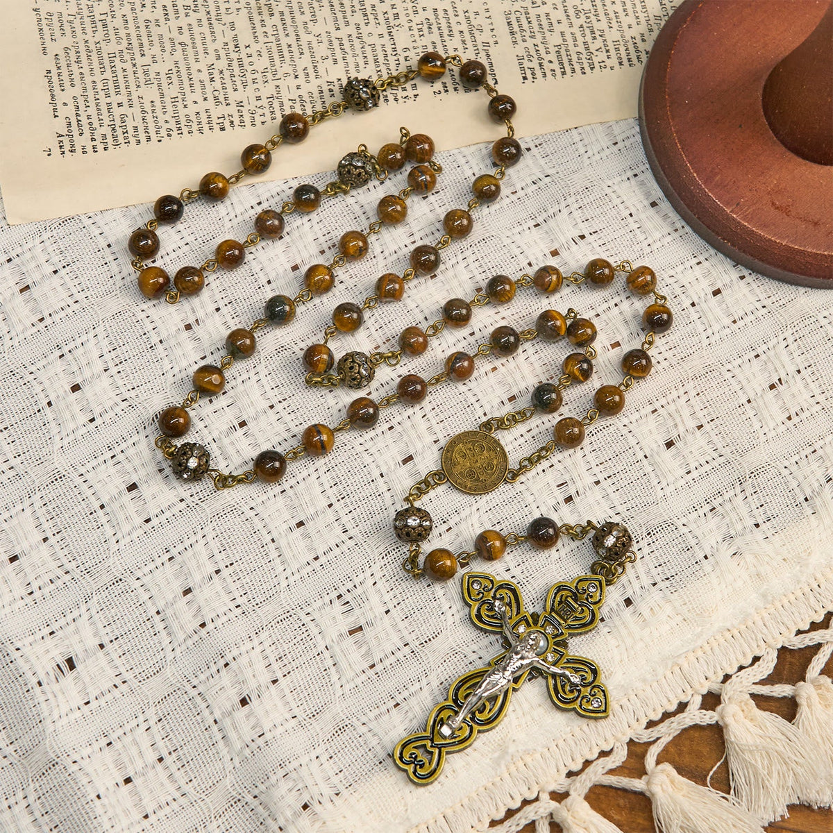 Natural Tiger Eye Beads and Bronze St. Benedict Medal & Crucifix Rosary