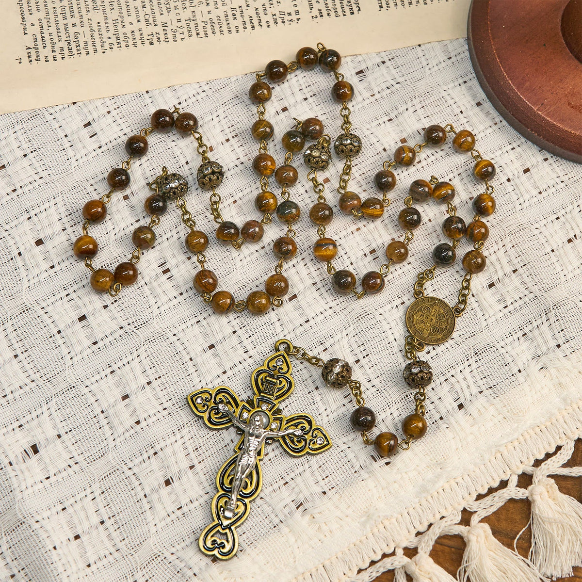 Natural Tiger Eye Beads and Bronze St. Benedict Medal & Crucifix Rosary