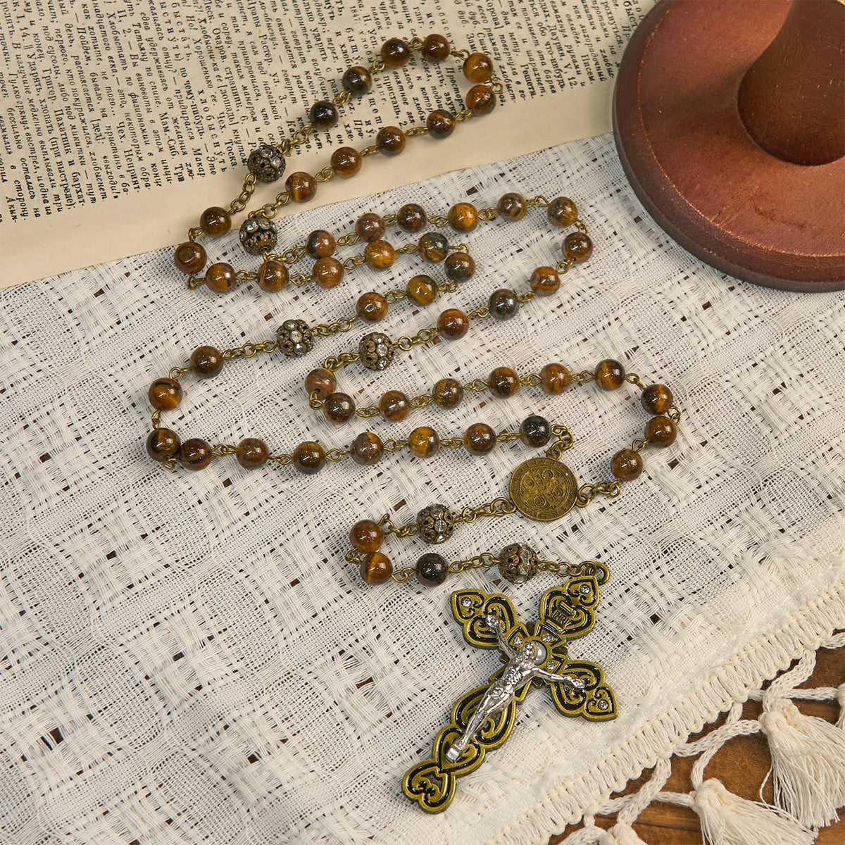 Natural Tiger Eye Beads and Bronze St. Benedict Medal & Crucifix Rosary