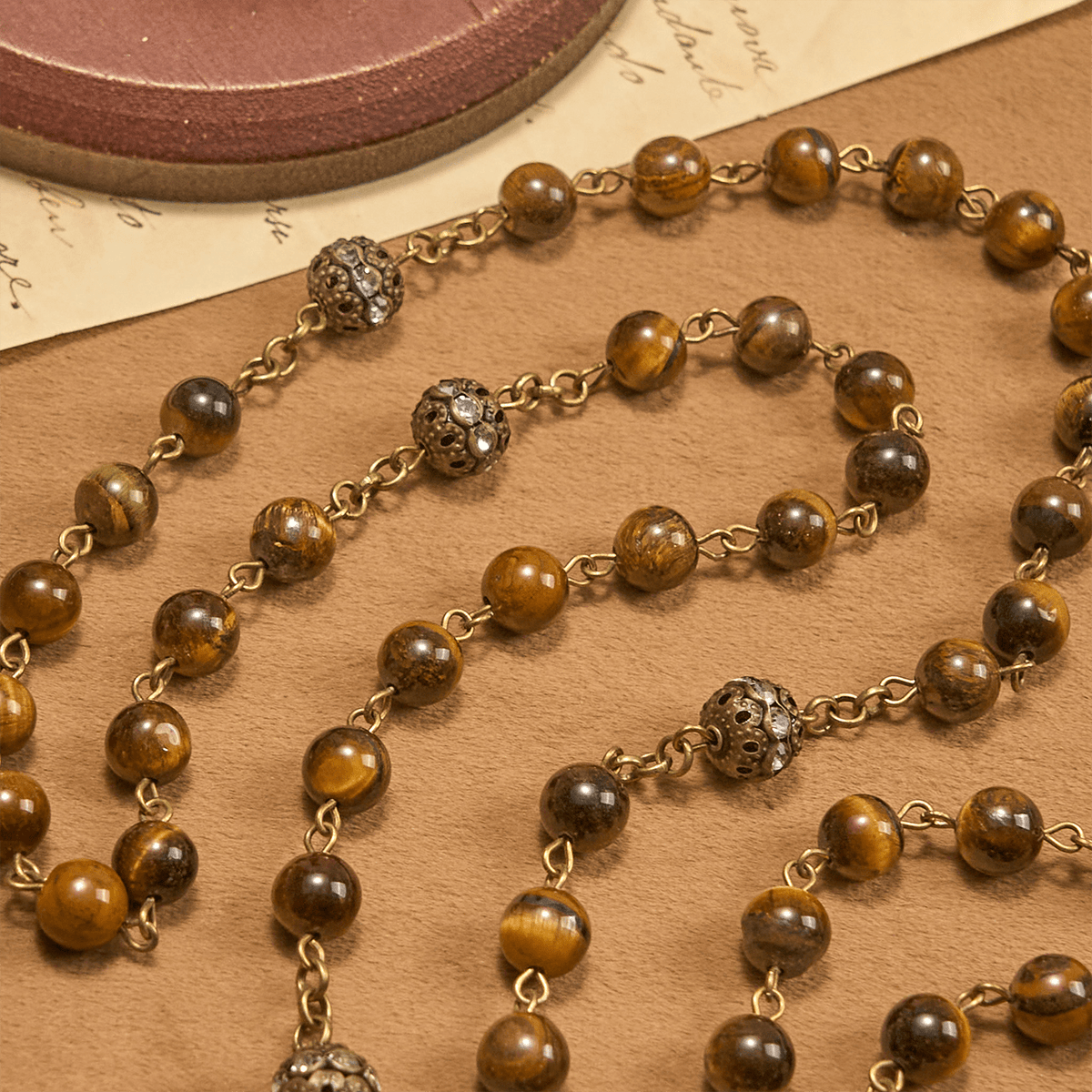 Natural Tiger Eye Beads and Bronze St. Benedict Medal & Crucifix Rosary