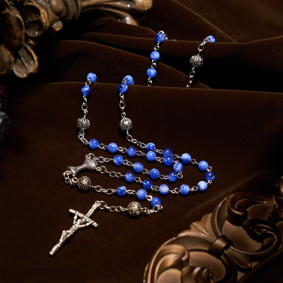 Elegant 6mm Gradient Blue Round Beads with Holy Grail and Crucifix Rosary