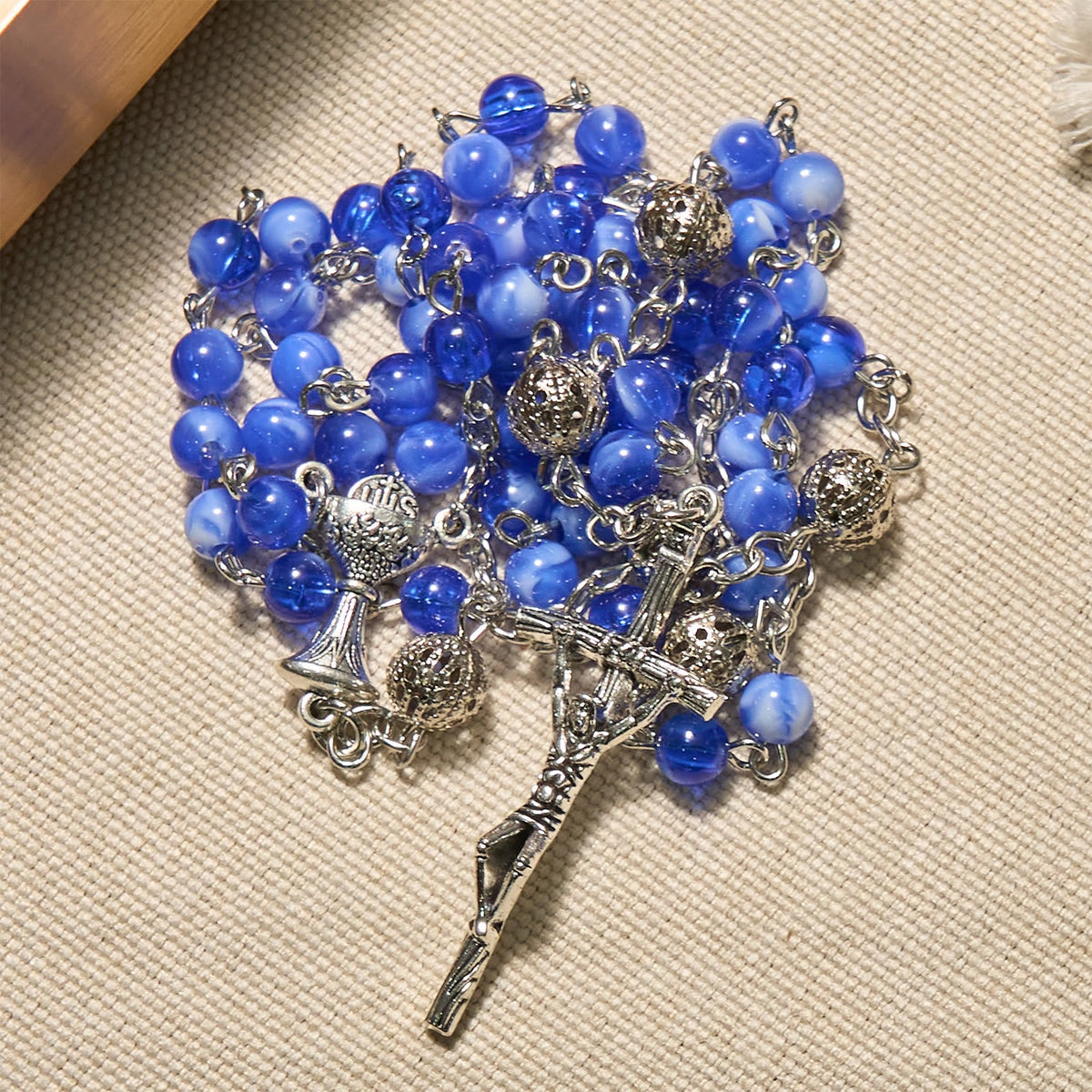 Elegant 6mm Gradient Blue Round Beads with Holy Grail and Crucifix Rosary