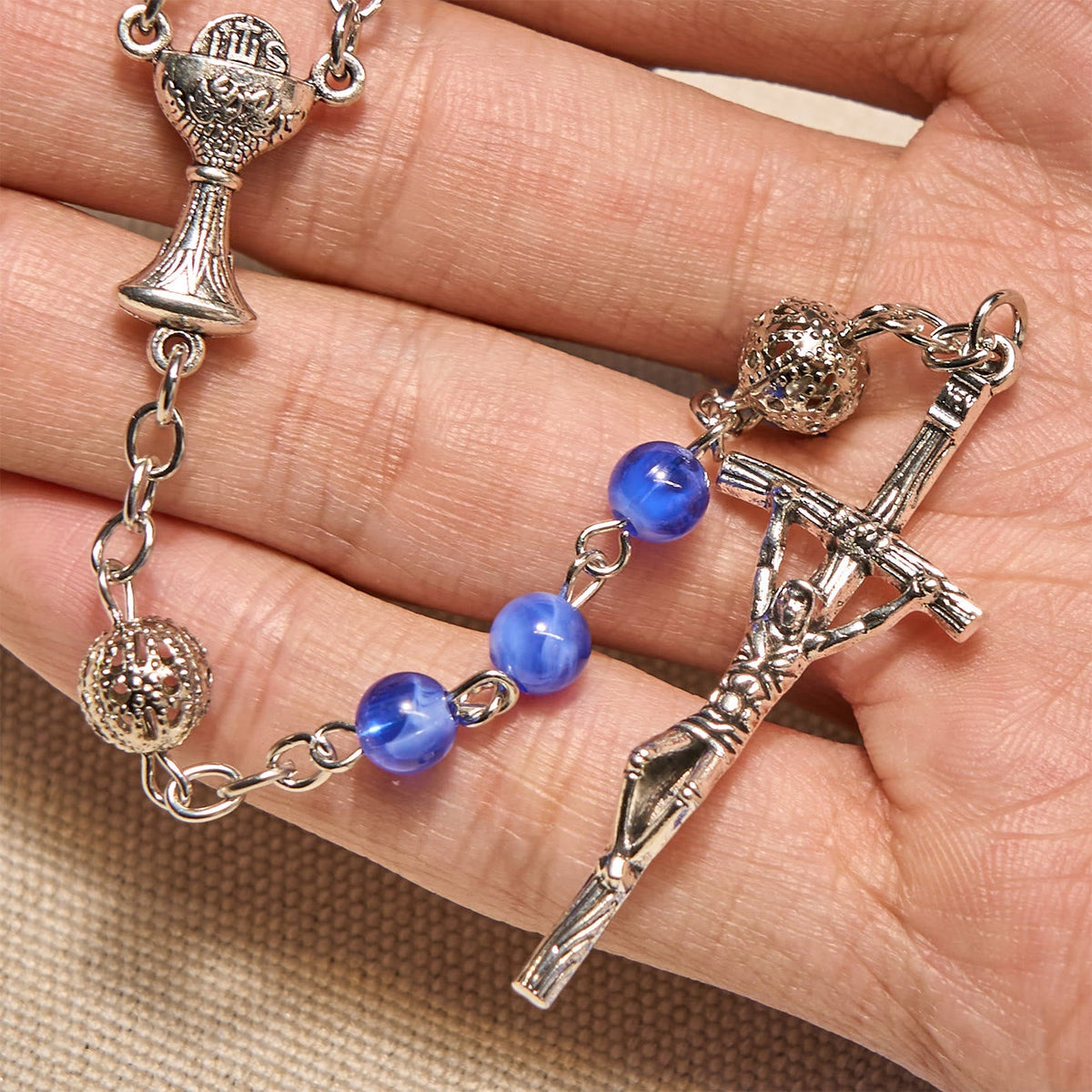 Elegant 6mm Gradient Blue Round Beads with Holy Grail and Crucifix Rosary