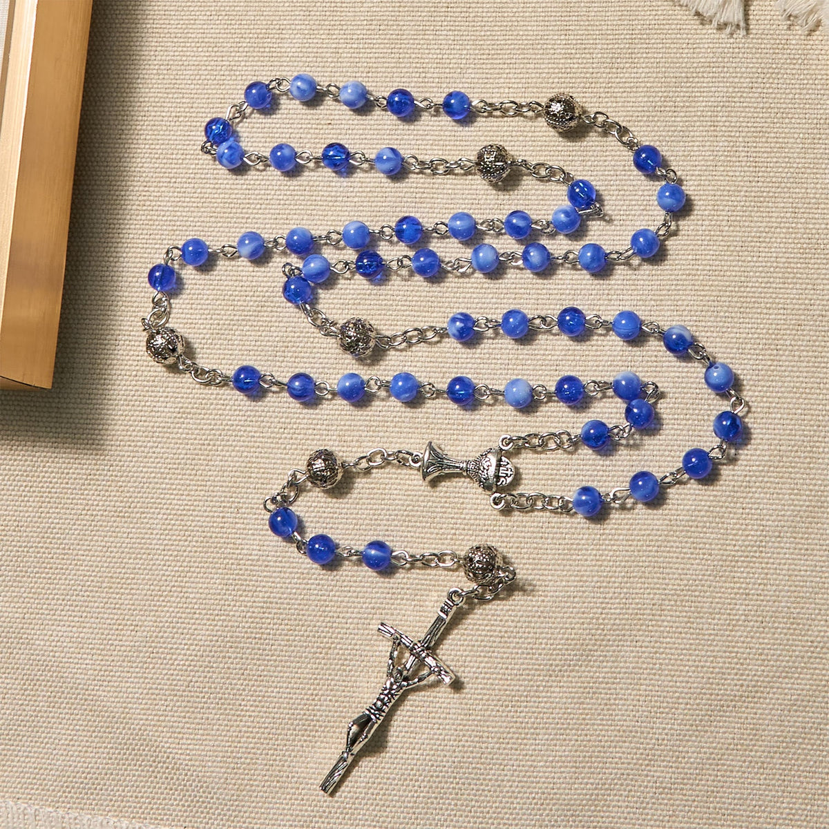 Elegant 6mm Gradient Blue Round Beads with Holy Grail and Crucifix Rosary