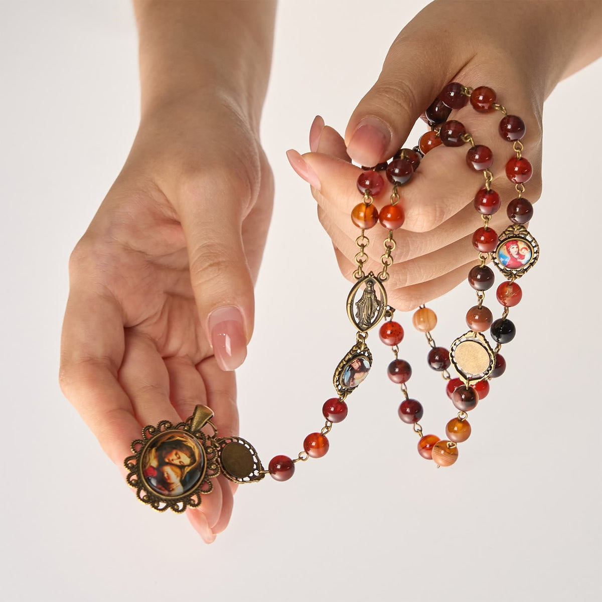Madonna Medal & Saint Symbols of Dreamy Brown Agate Beads Rosary