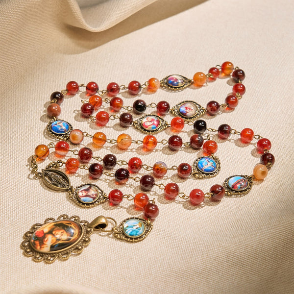 Madonna Medal & Saint Symbols of Dreamy Brown Agate Beads Rosary