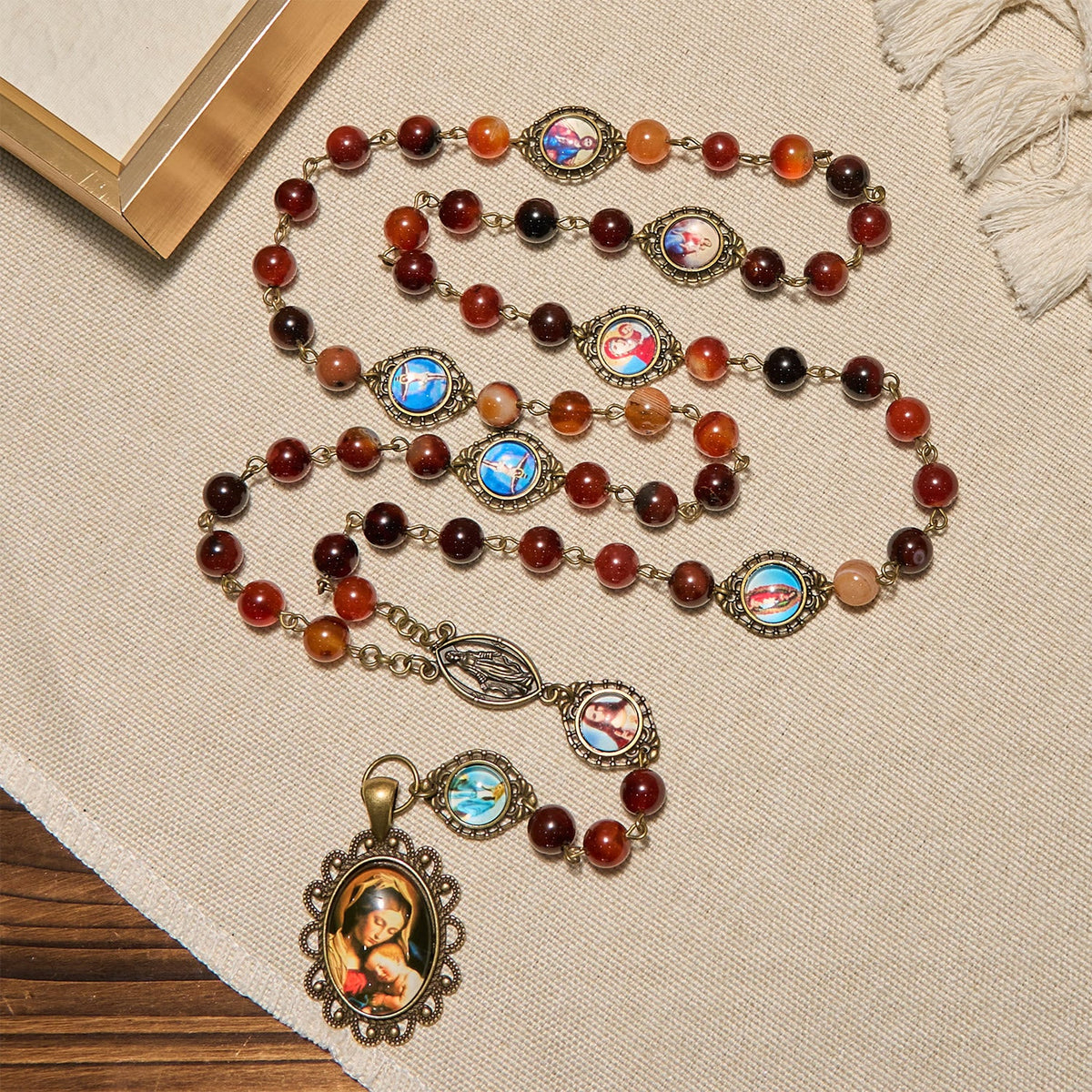 Madonna Medal & Saint Symbols of Dreamy Brown Agate Beads Rosary