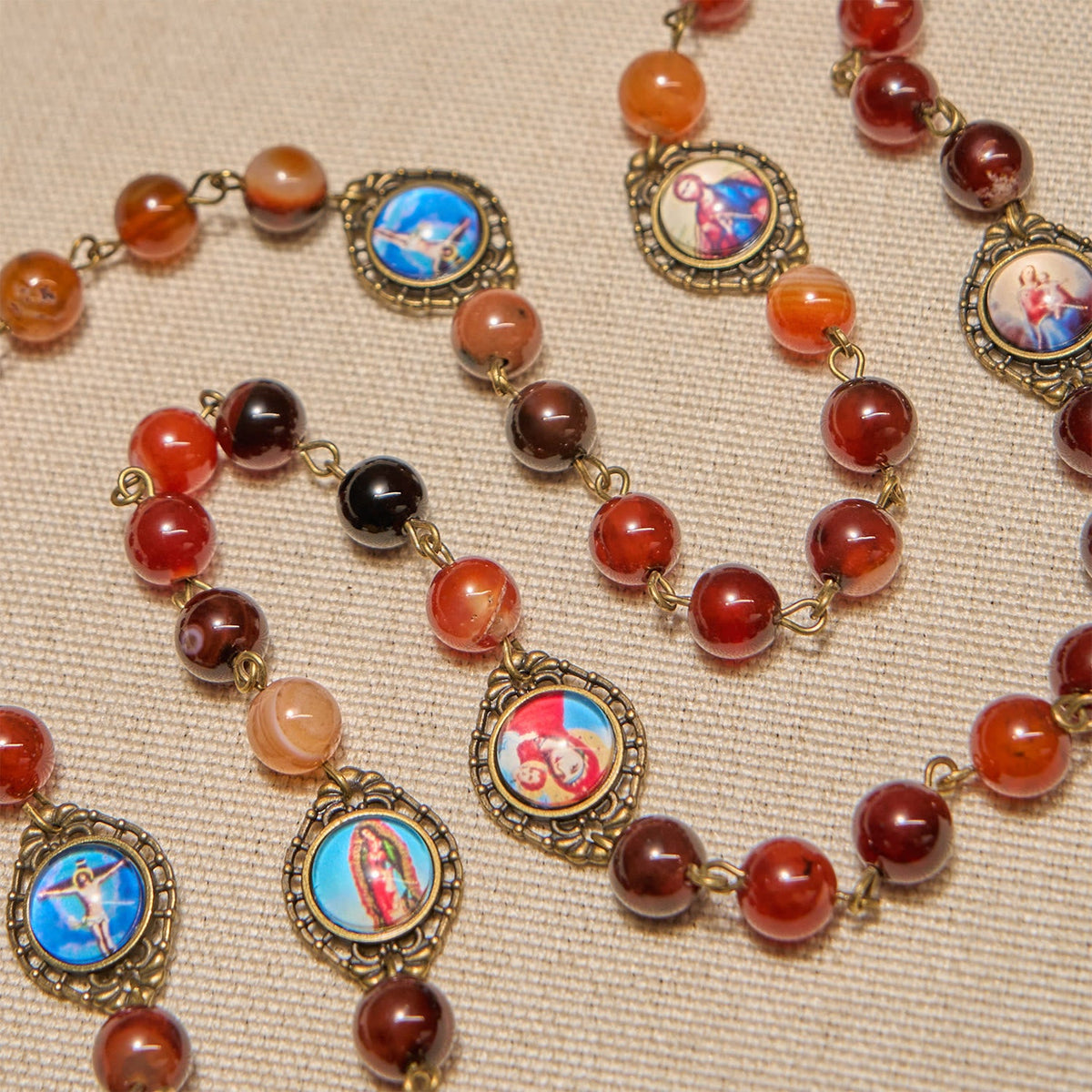 Madonna Medal & Saint Symbols of Dreamy Brown Agate Beads Rosary