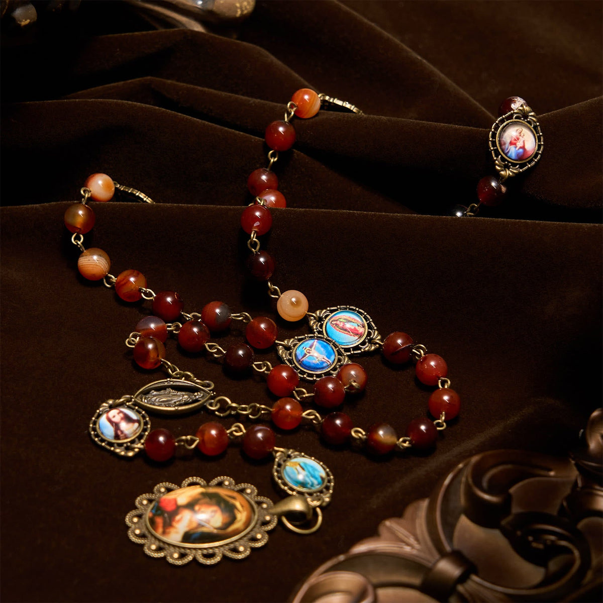 Madonna Medal & Saint Symbols of Dreamy Brown Agate Beads Rosary