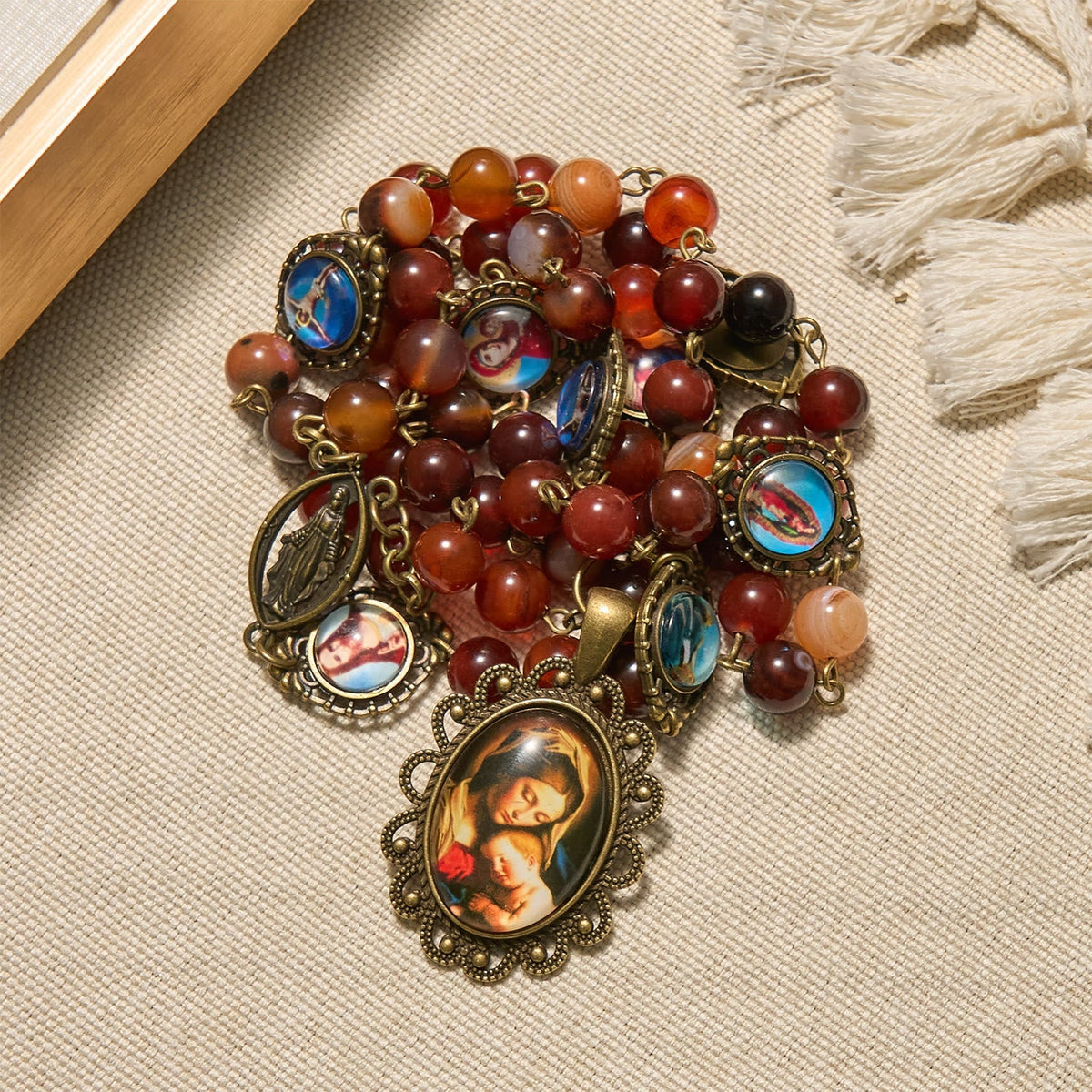Madonna Medal & Saint Symbols of Dreamy Brown Agate Beads Rosary