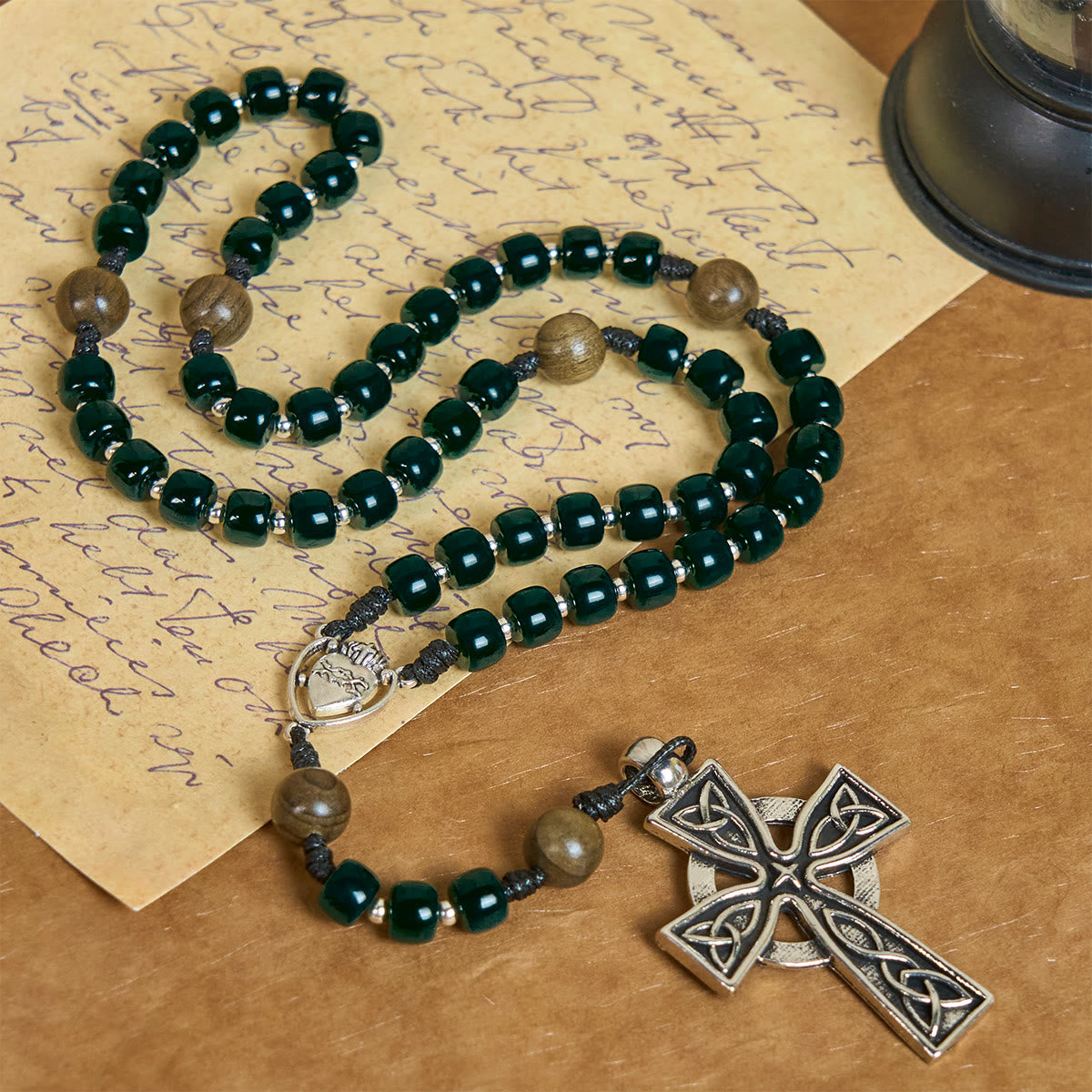 Matte Green Cube Beads Rosary with Sacred Heart of Jesus & Celtic Cross
