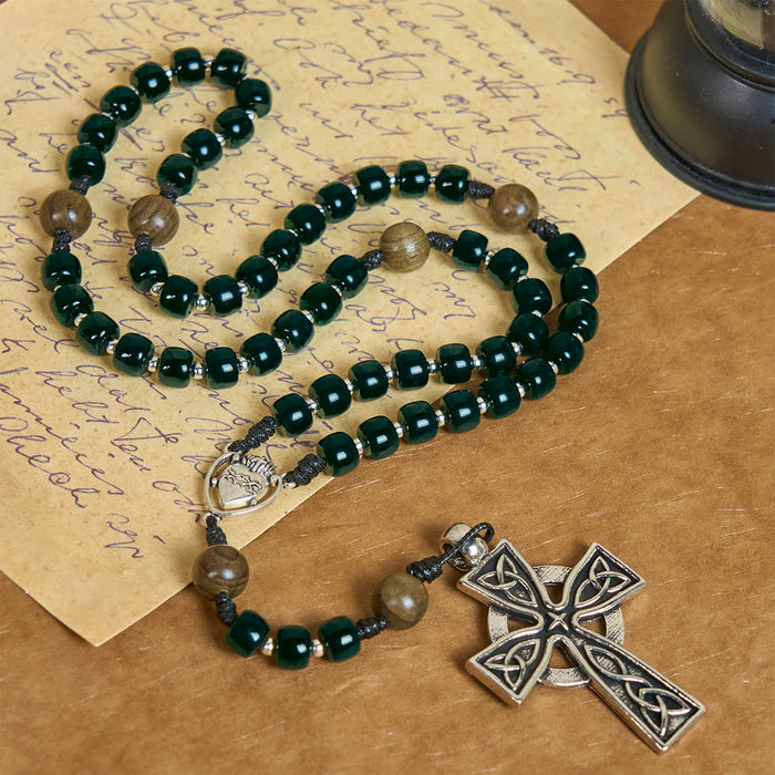 Matte Green Cube Beads Rosary with Sacred Heart of Jesus & Celtic Cross