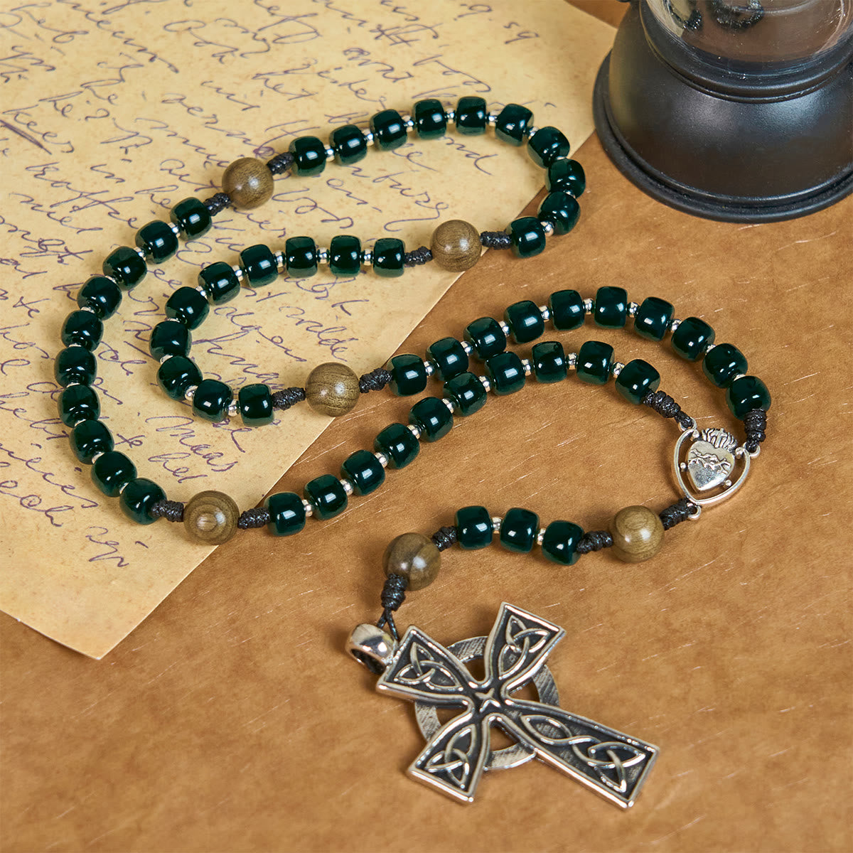 Matte Green Cube Beads Rosary with Sacred Heart of Jesus & Celtic Cross