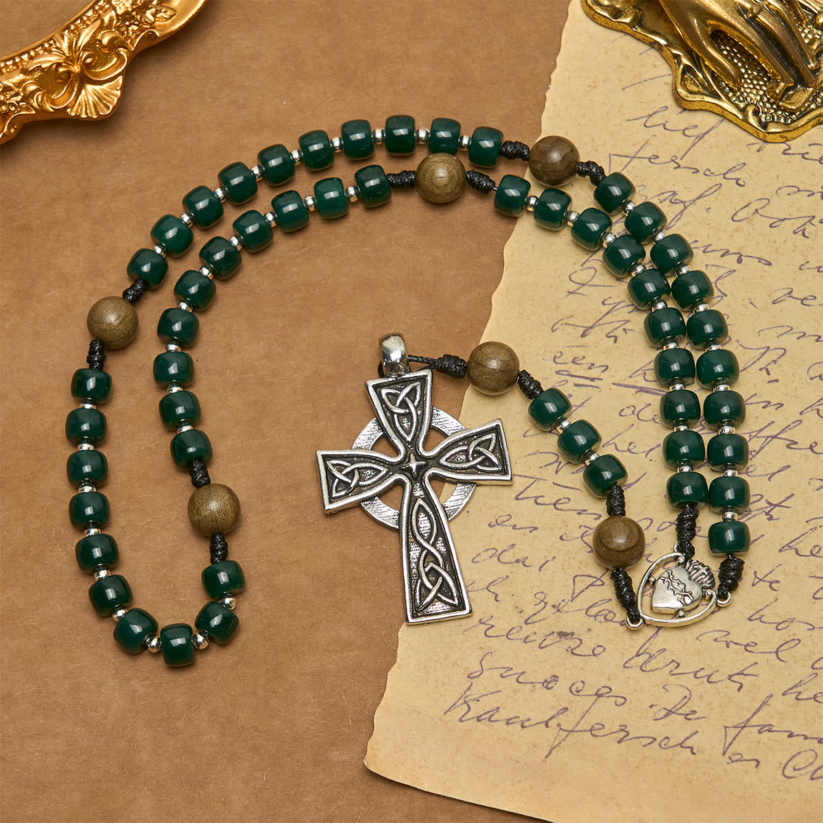 Matte Green Cube Beads Rosary with Sacred Heart of Jesus & Celtic Cross