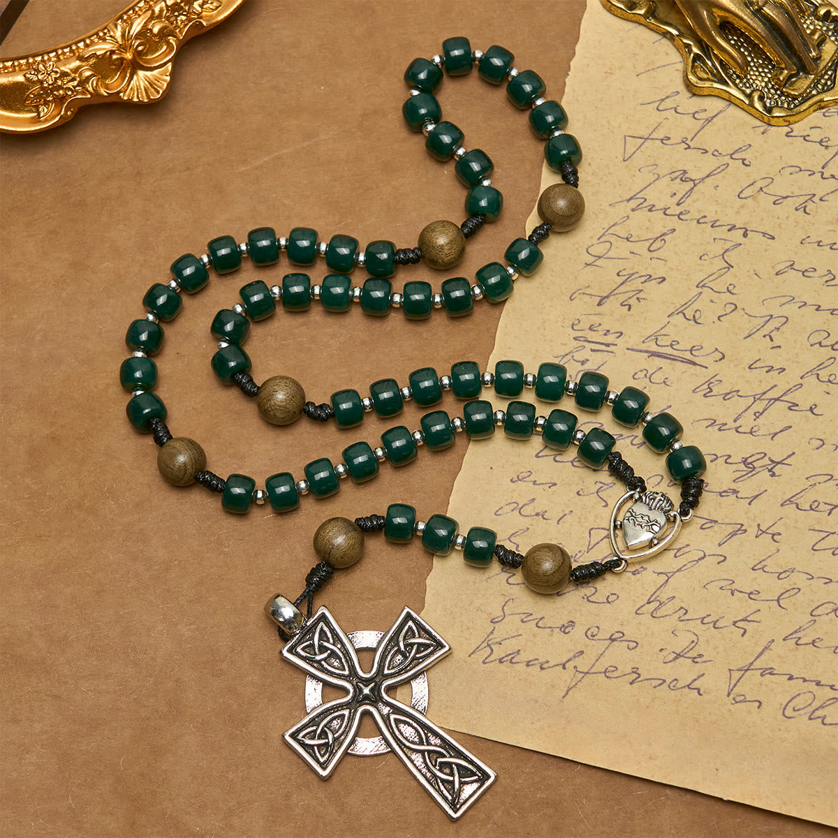 Matte Green Cube Beads Rosary with Sacred Heart of Jesus & Celtic Cross