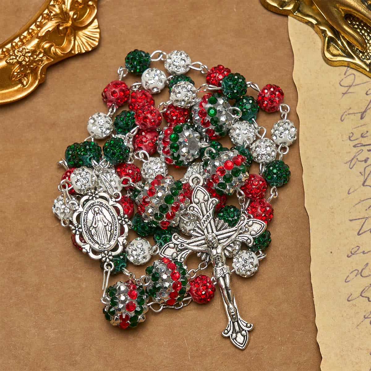 Christmas Gift: Crystal-Covered Tricolor Beads & Miraculous Medal Glam Sparkling Rosary