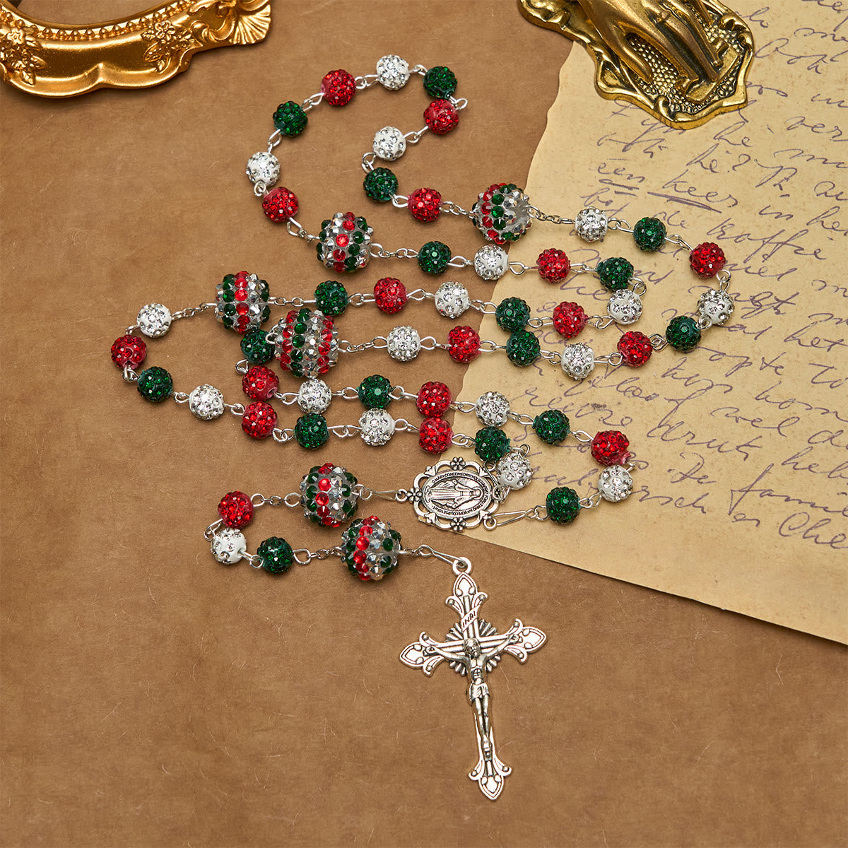 Christmas Gift: Crystal-Covered Tricolor Beads & Miraculous Medal Glam Sparkling Rosary