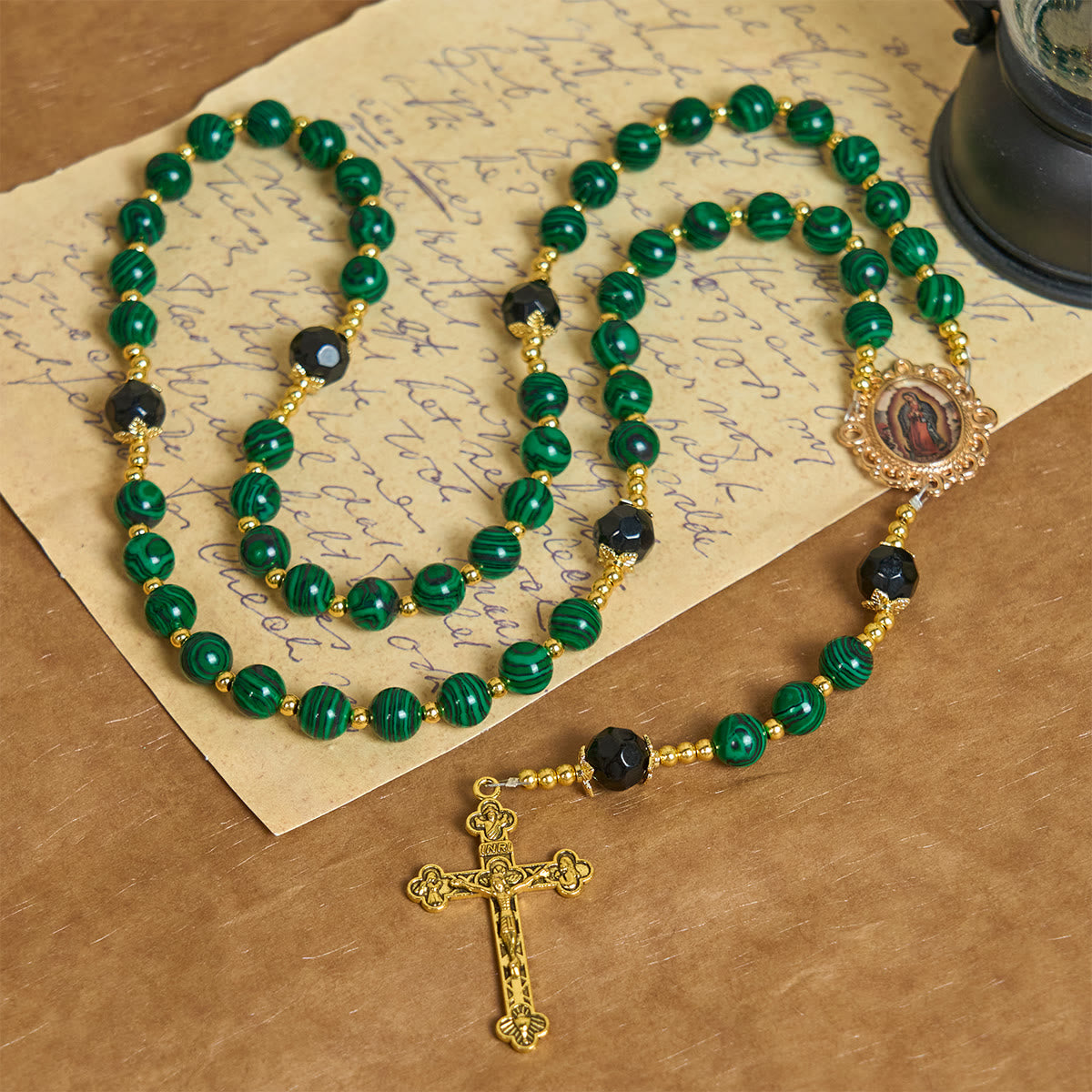 Smooth Green Malachite Rosary with Crucifix & Holy Miraculous Medal