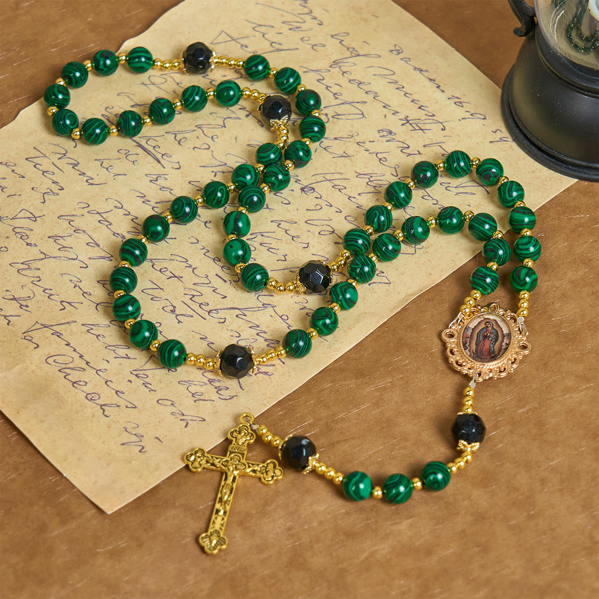 Jesus Is The Gift: Malachite Green Rosary with Miraculous Medal