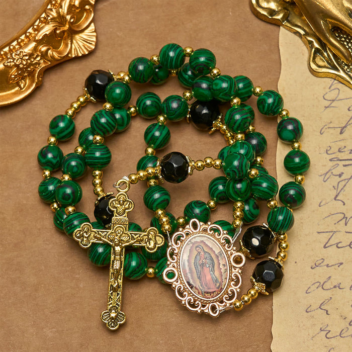 Smooth Green Malachite Rosary with Crucifix & Holy Miraculous Medal
