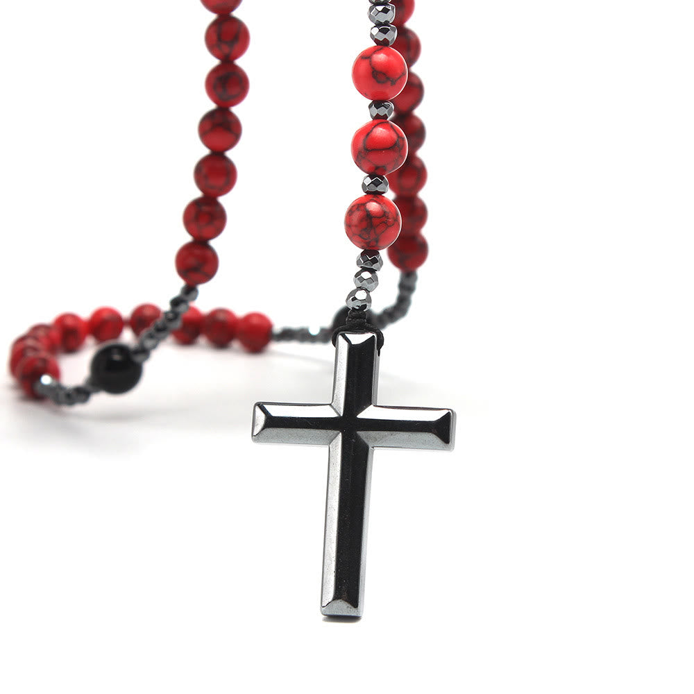 Natural Red Turquoise & Black Agate Rosary with Cross: For Faithful Prayer