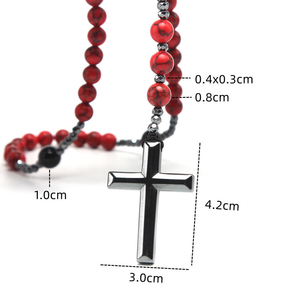 Natural Red Turquoise & Black Agate Rosary with Cross: For Faithful Prayer