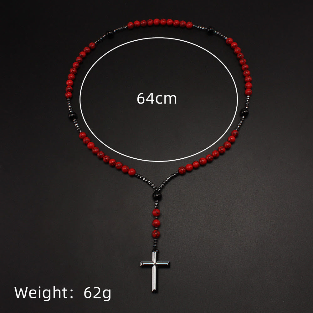 Natural Red Turquoise & Black Agate Rosary with Cross: For Faithful Prayer