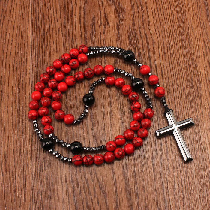 Natural Red Turquoise & Black Agate Rosary with Cross: For Faithful Prayer