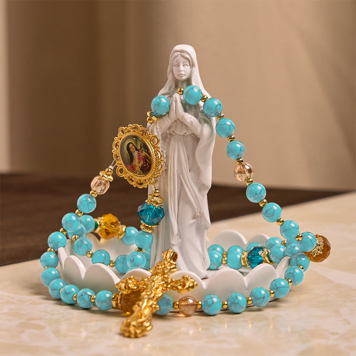 Handcrafted Turquoise & Gold Alloy Rosary with Crucifix & St. Therese Medal: Graceful Spiritual Bond