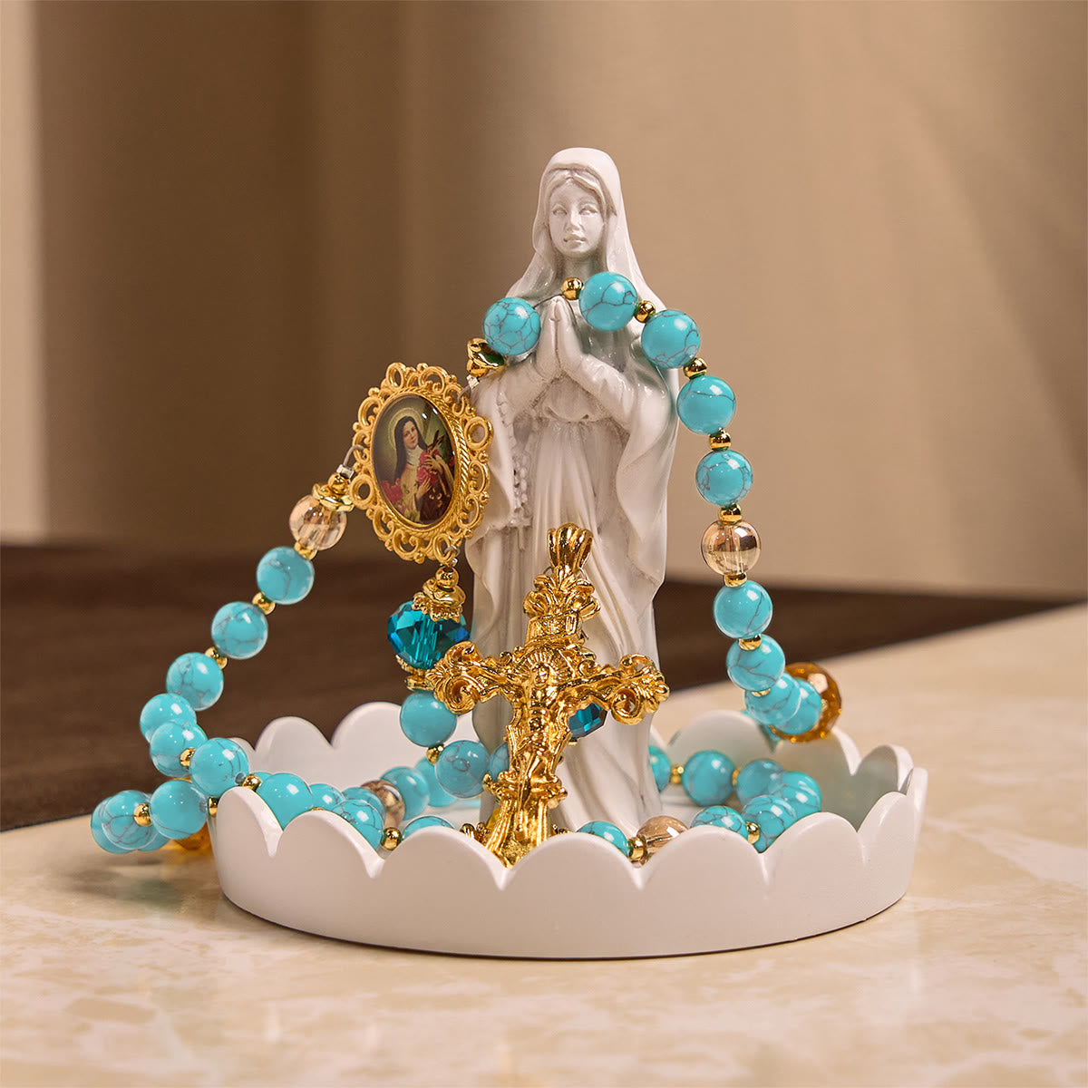Handcrafted Turquoise & Gold Alloy Rosary with Crucifix & St. Therese Medal: Graceful Spiritual Bond