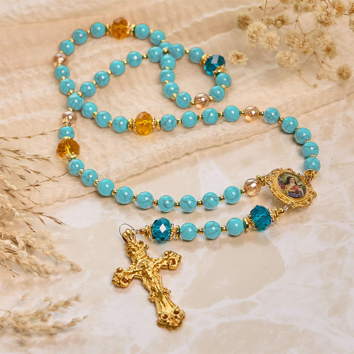 Handcrafted Turquoise & Gold Alloy Rosary with Crucifix & St. Therese Medal: Graceful Spiritual Bond