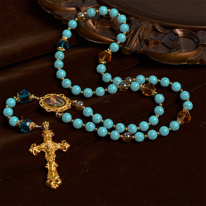 Handcrafted Turquoise & Gold Alloy Rosary with Crucifix & St. Therese Medal: Graceful Spiritual Bond