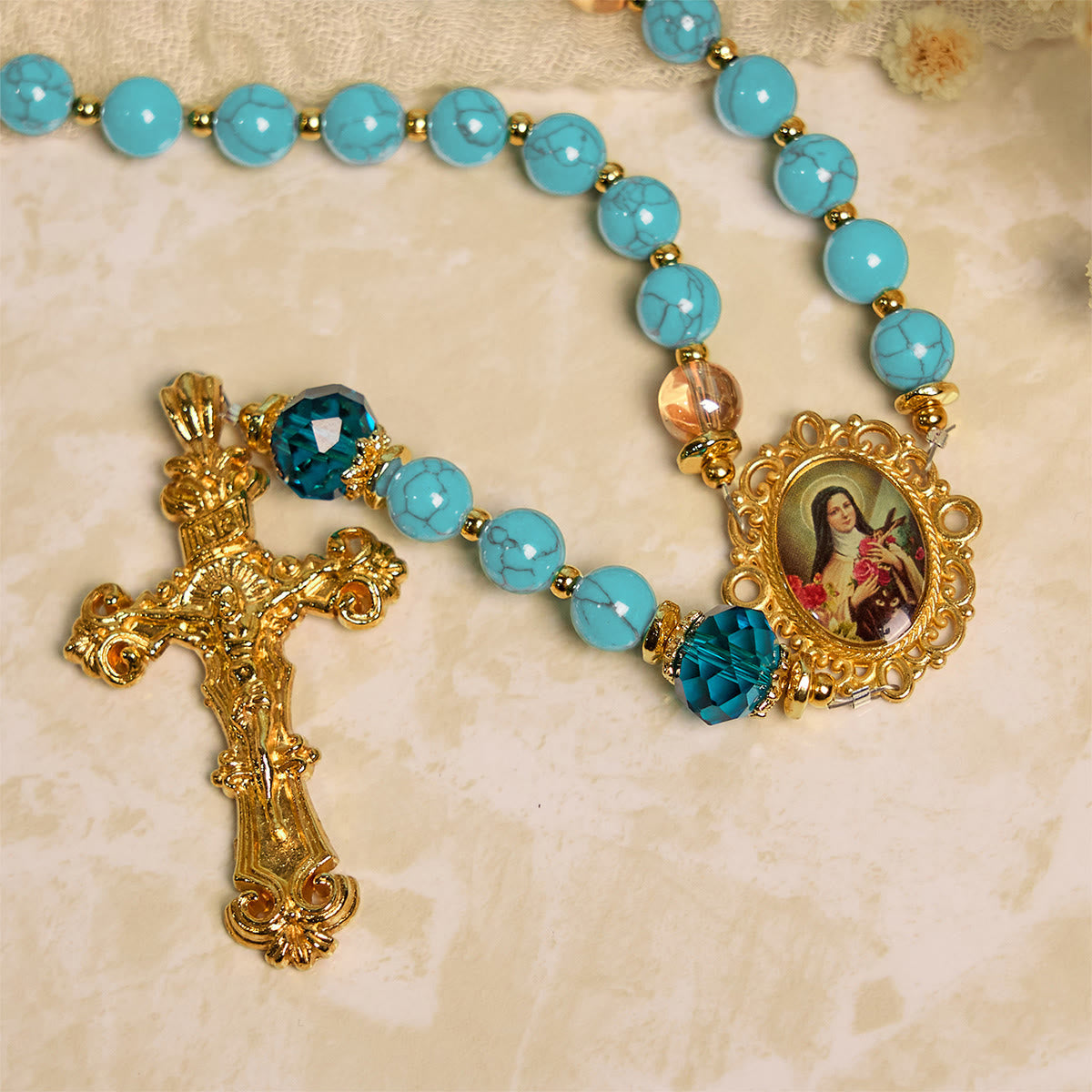 Handcrafted Turquoise & Gold Alloy Rosary with Crucifix & St. Therese Medal: Graceful Spiritual Bond