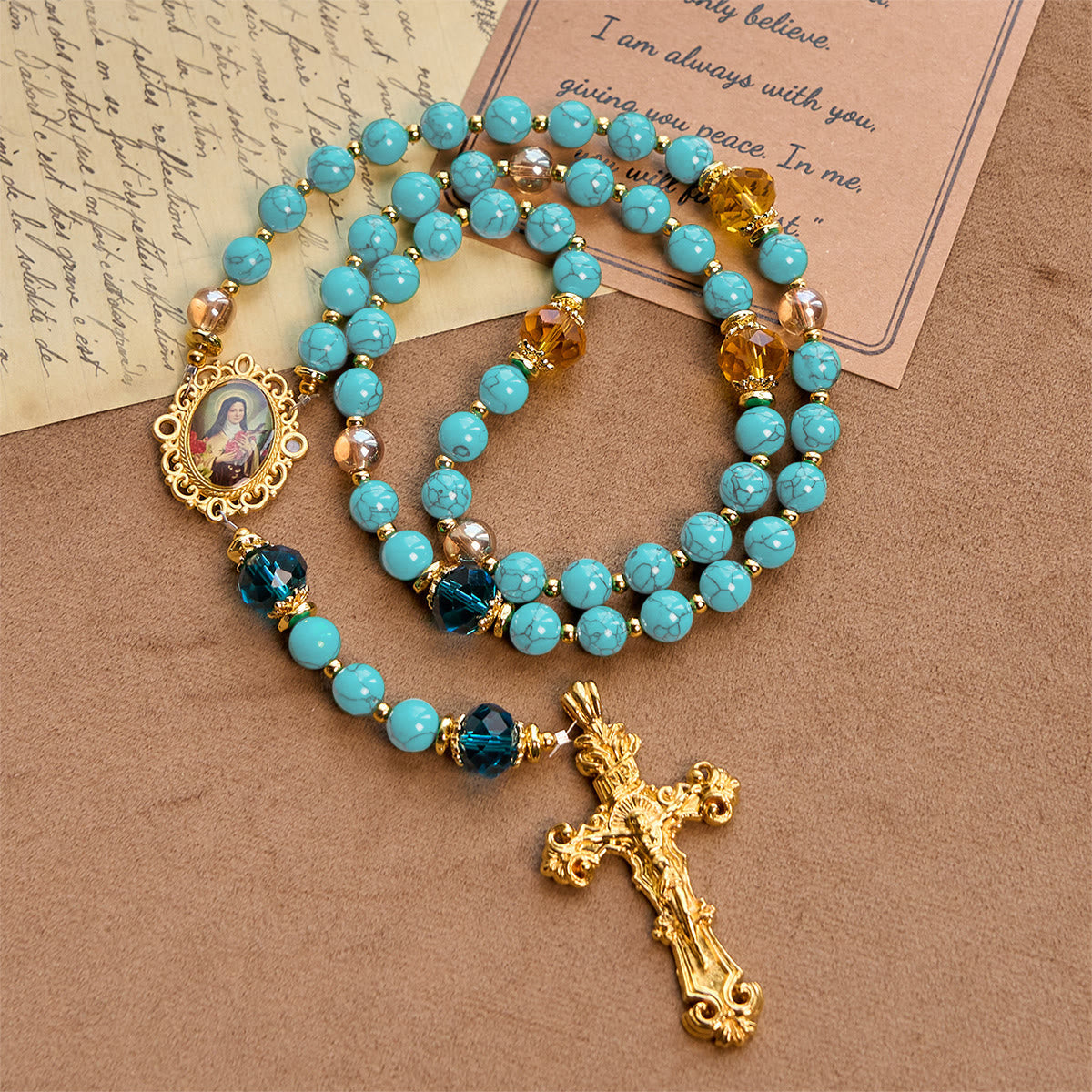 Handcrafted Turquoise & Gold Alloy Rosary with Crucifix & St. Therese Medal: Graceful Spiritual Bond