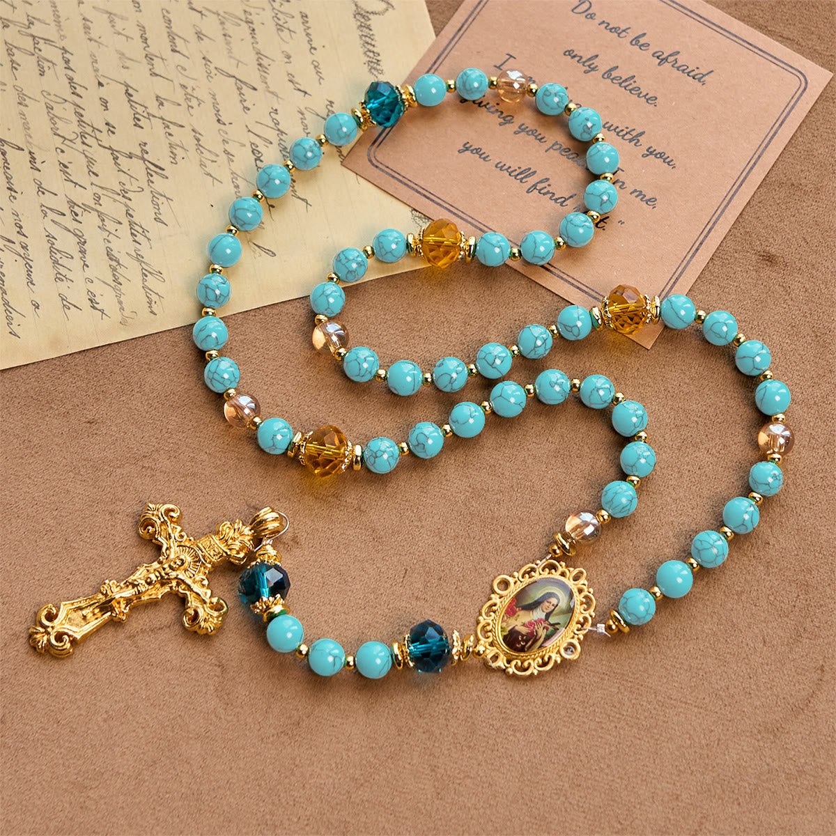Handcrafted Turquoise & Gold Alloy Rosary with Crucifix & St. Therese Medal: Graceful Spiritual Bond