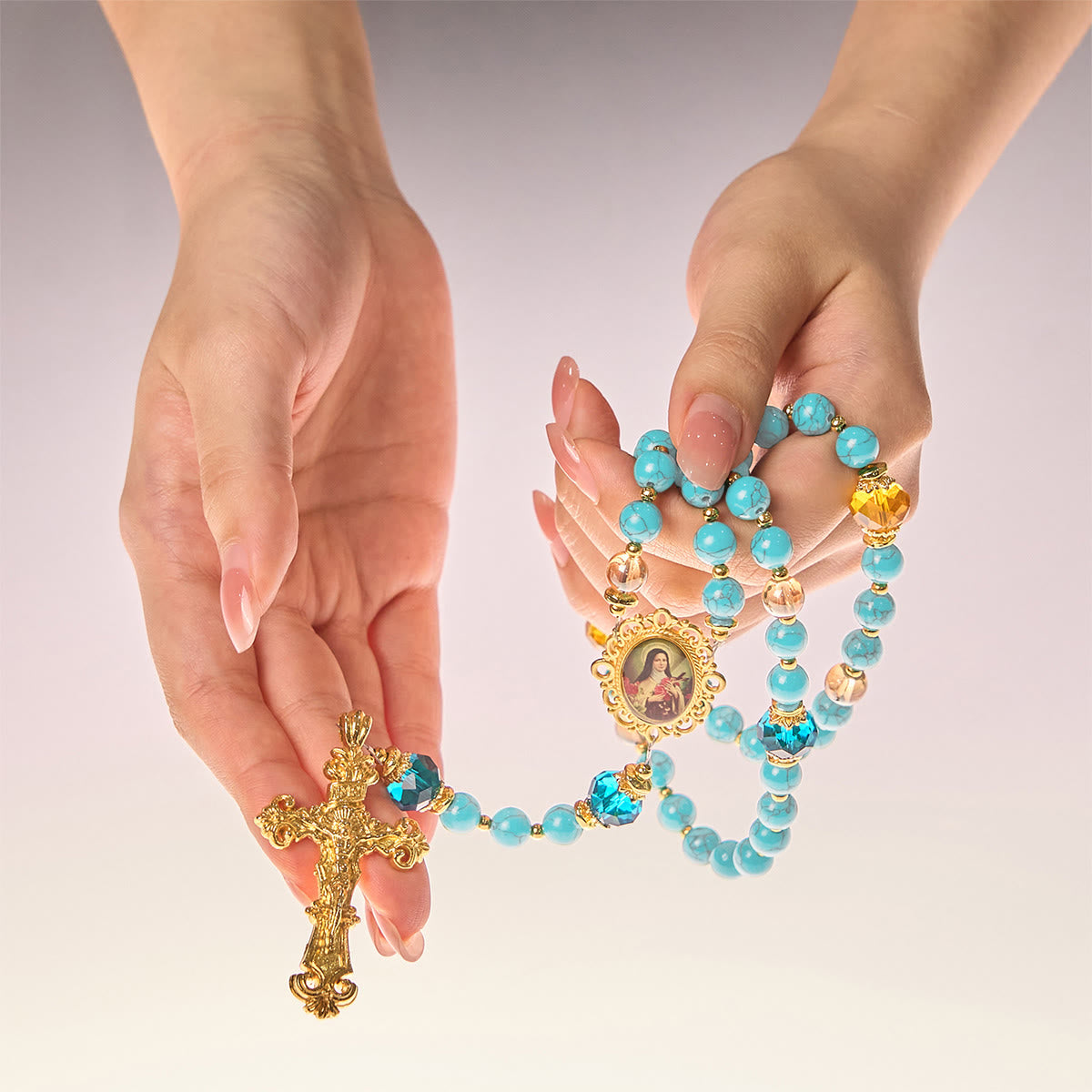 PRAYERFUL FAITH: Handcrafted Turquoise & Gold Alloy Rosary with Gift Card