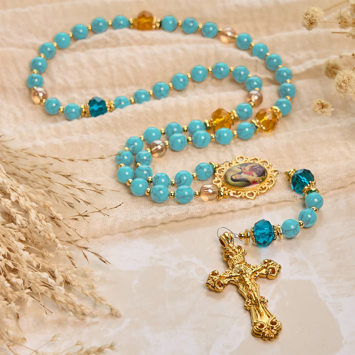 PRAYERFUL FAITH: Handcrafted Turquoise & Gold Alloy Rosary with Gift Card