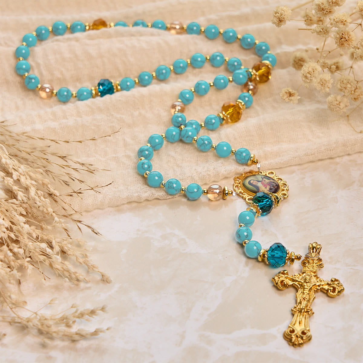 PRAYERFUL FAITH: Handcrafted Turquoise & Gold Alloy Rosary with Gift Card